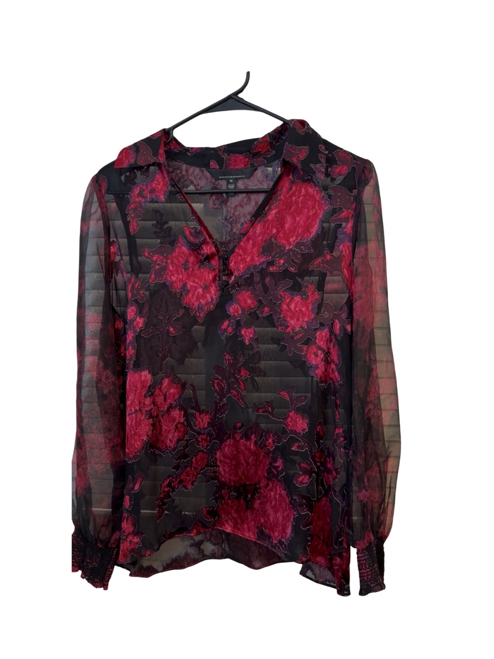 Burnout ,  Black Sheer Blouse with muted Red Floral Romantic goth .